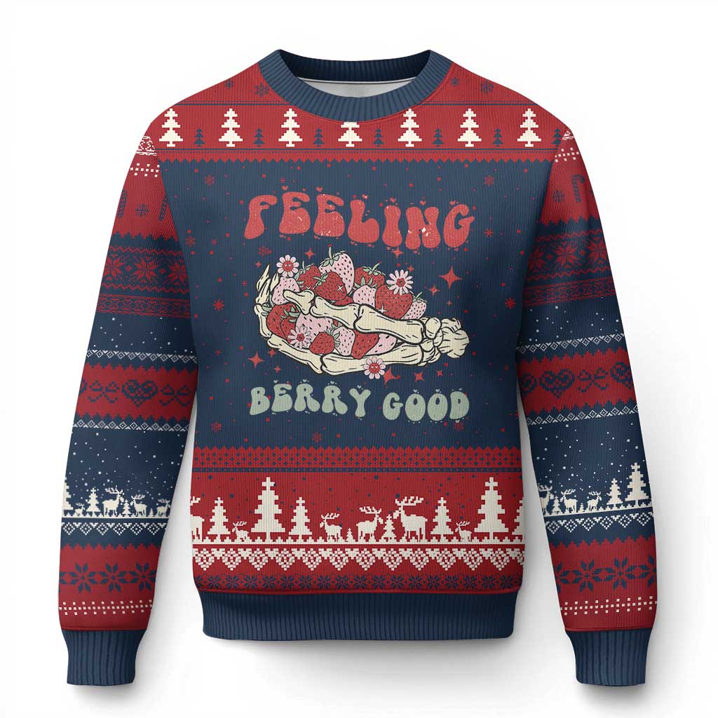 Strawberry Festival Ugly Christmas Sweater Feeling Berry Good Fruit Lover Skeleton Hand TS02 Navy Red Print Your Wear