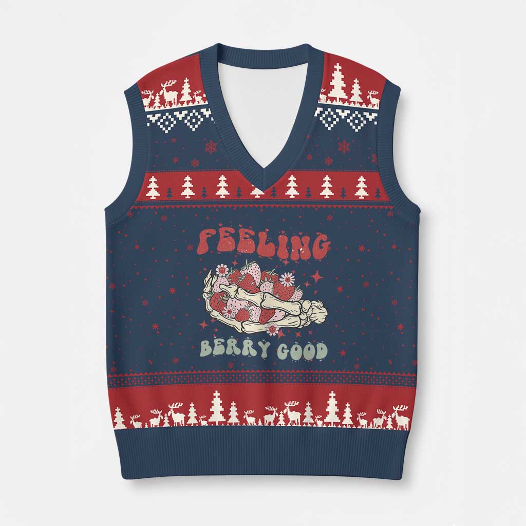 Strawberry Festival V-Neck Knit Sweater Vest Feeling Berry Good Fruit Lover Skeleton Hand TS02 Navy Red Print Your Wear