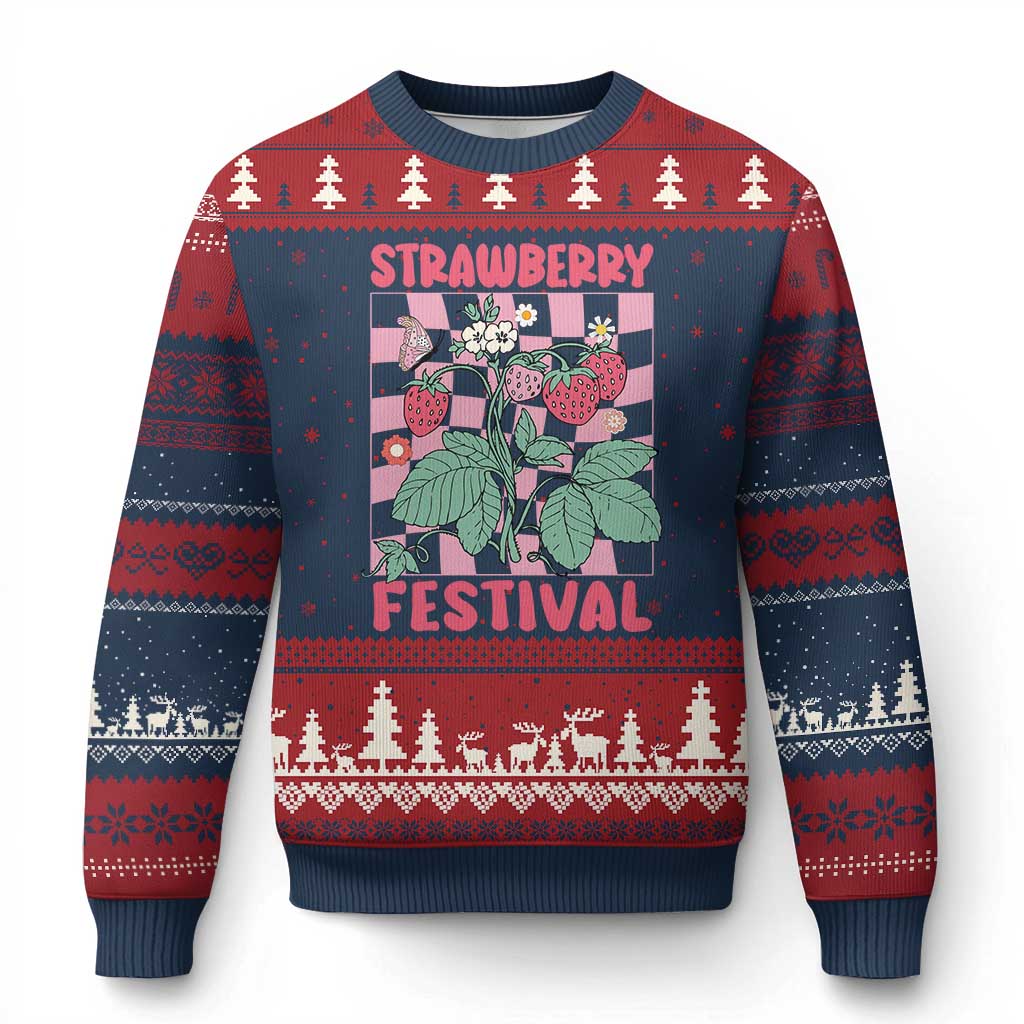 Strawberry Festival Ugly Christmas Sweater Fruit Lover Botanical Retro Groovy TS02 Navy Red Print Your Wear