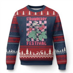 Strawberry Festival Ugly Christmas Sweater Fruit Lover Botanical Retro Groovy TS02 Navy Red Print Your Wear