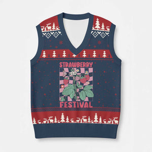 Strawberry Festival V-Neck Knit Sweater Vest Fruit Lover Botanical Retro Groovy TS02 Navy Red Print Your Wear