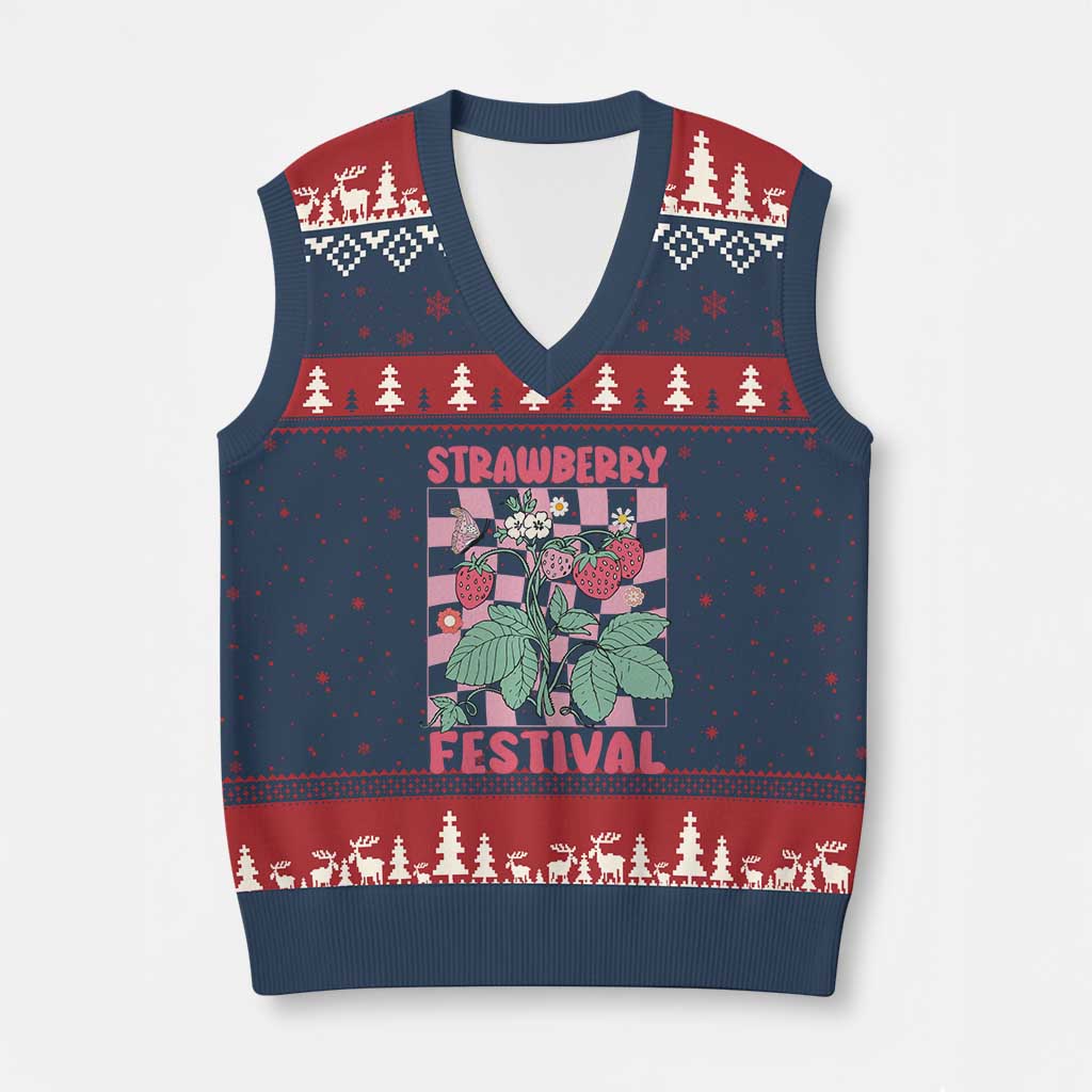 Strawberry Festival V-Neck Knit Sweater Vest Fruit Lover Botanical Retro Groovy TS02 Navy Red Print Your Wear