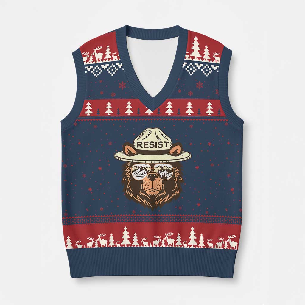 Resist Bear Retro Vintage V-Neck Knit Sweater Vest TS02 Navy Red Print Your Wear