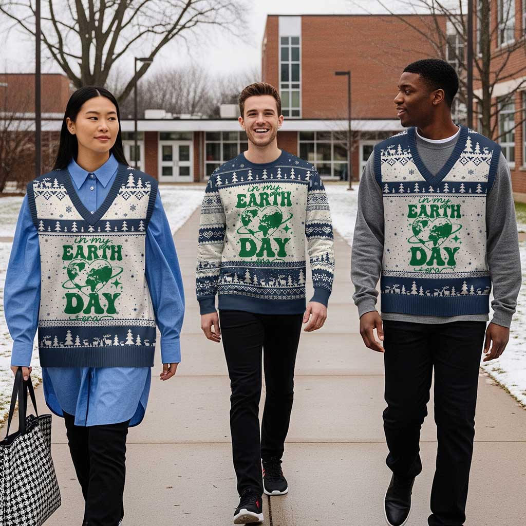 In My Earth Day Era V-Neck Knit Sweater Vest Cute Groovy Planet Heart TS02 Beige Navy Print Your Wear