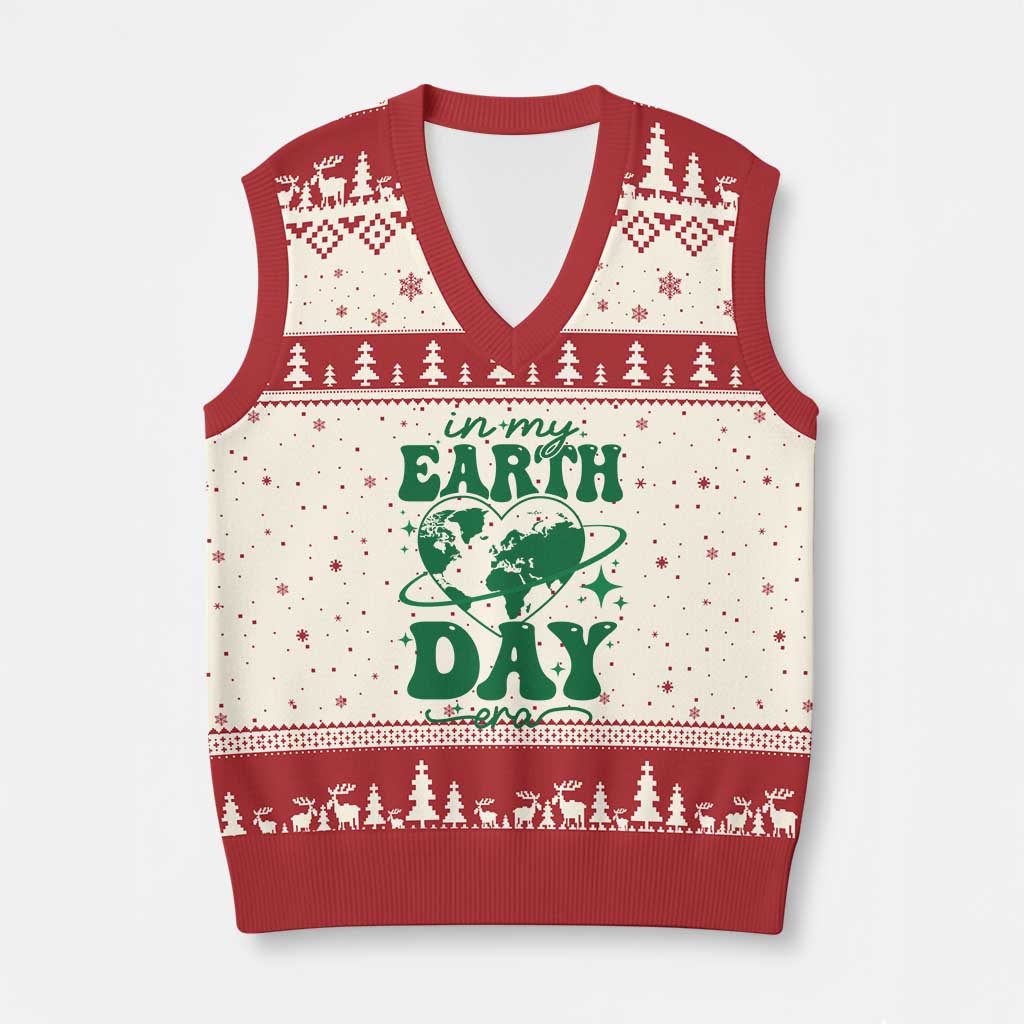 In My Earth Day Era V-Neck Knit Sweater Vest Cute Groovy Planet Heart TS02 Beige Red Print Your Wear