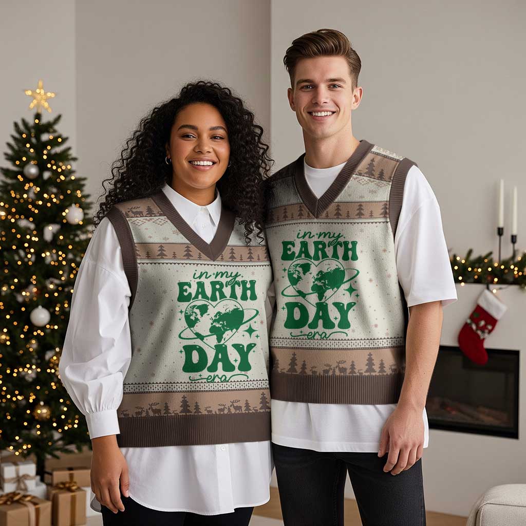 In My Earth Day Era V-Neck Knit Sweater Vest Cute Groovy Planet Heart TS02 Mocha Mousse Print Your Wear