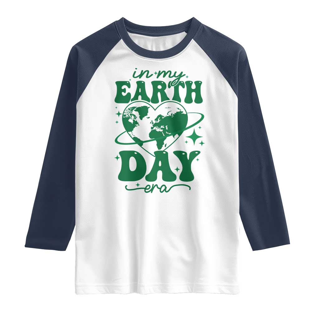 In My Earth Day Era Raglan Shirt Cute Groovy Planet Heart TS02 White Navy Print Your Wear