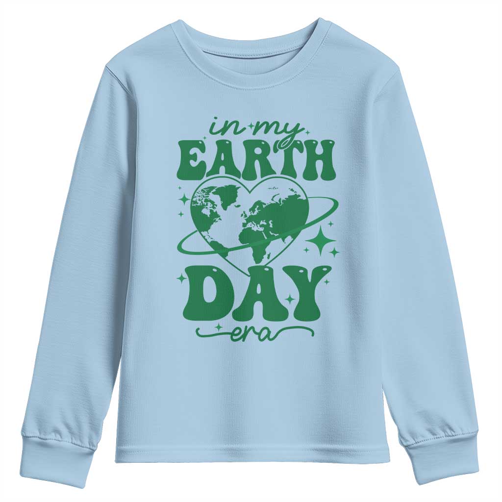 In My Earth Day Era Youth Sweatshirt Cute Groovy Planet Heart TS02 Light Blue Print Your Wear