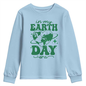In My Earth Day Era Youth Sweatshirt Cute Groovy Planet Heart TS02 Light Blue Print Your Wear