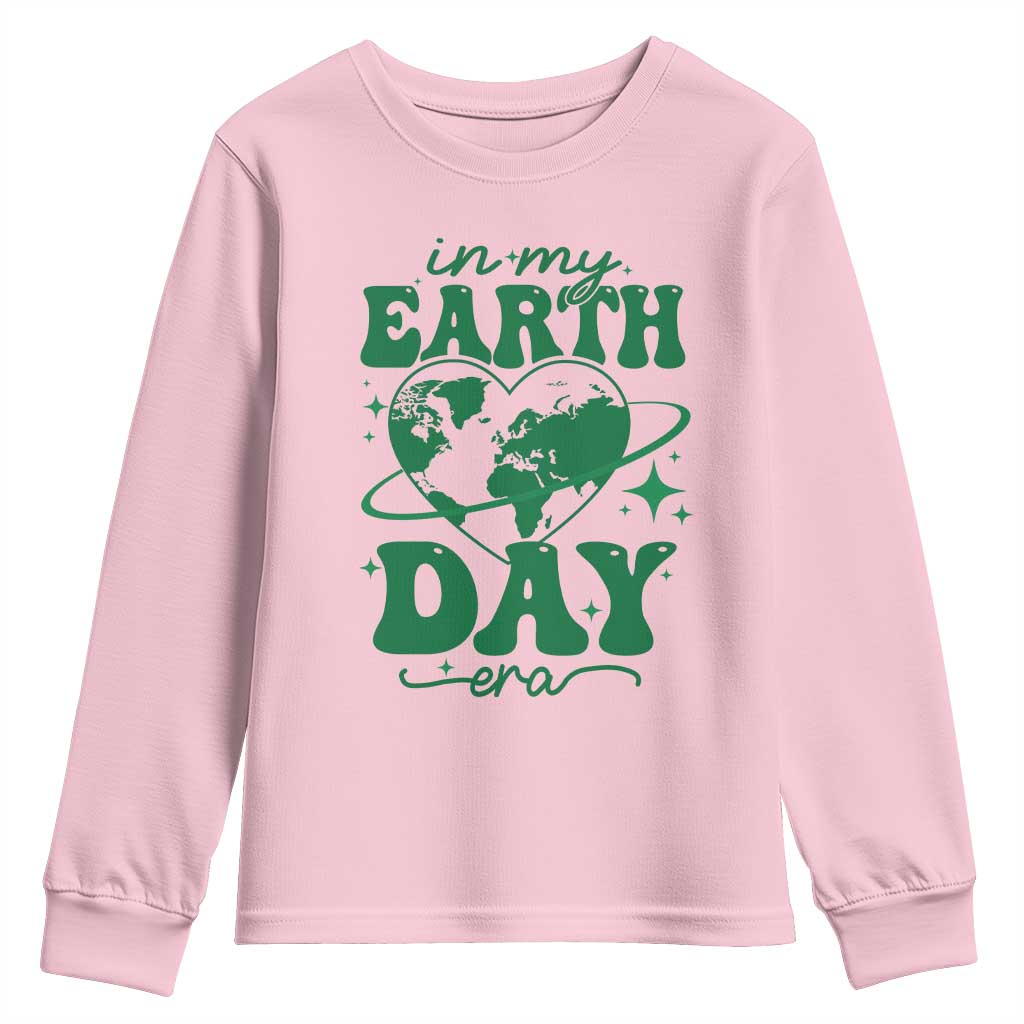 In My Earth Day Era Youth Sweatshirt Cute Groovy Planet Heart TS02 Light Pink Print Your Wear