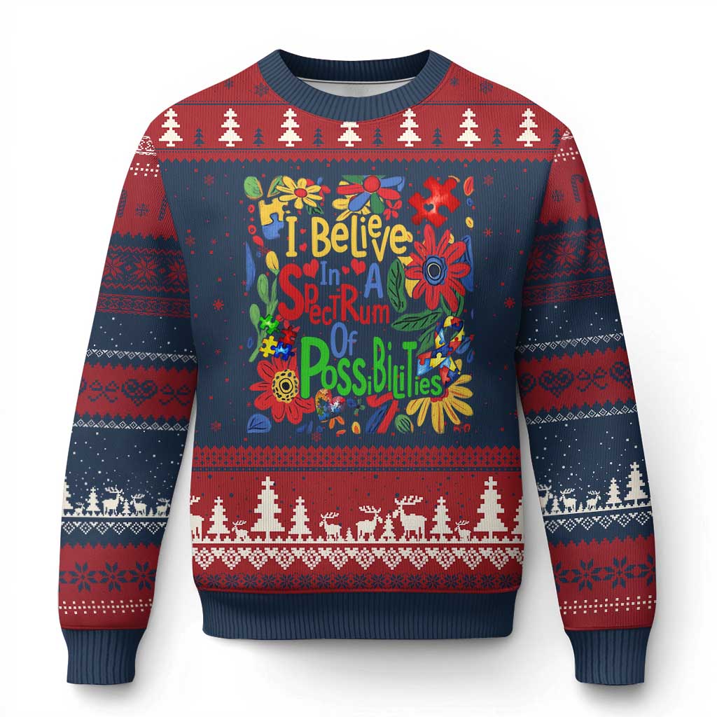 Autism Acceptance Ugly Christmas Sweater I Believe In A Spectrum Of Possibilities Retro Boho TS02 Navy Red Print Your Wear