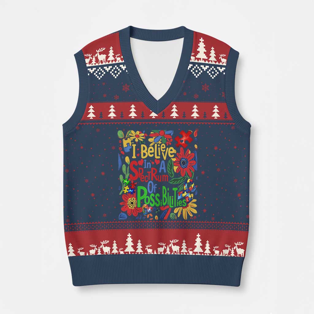 Autism Acceptance V-Neck Knit Sweater Vest I Believe In A Spectrum Of Possibilities Retro Boho TS02 Navy Red Print Your Wear