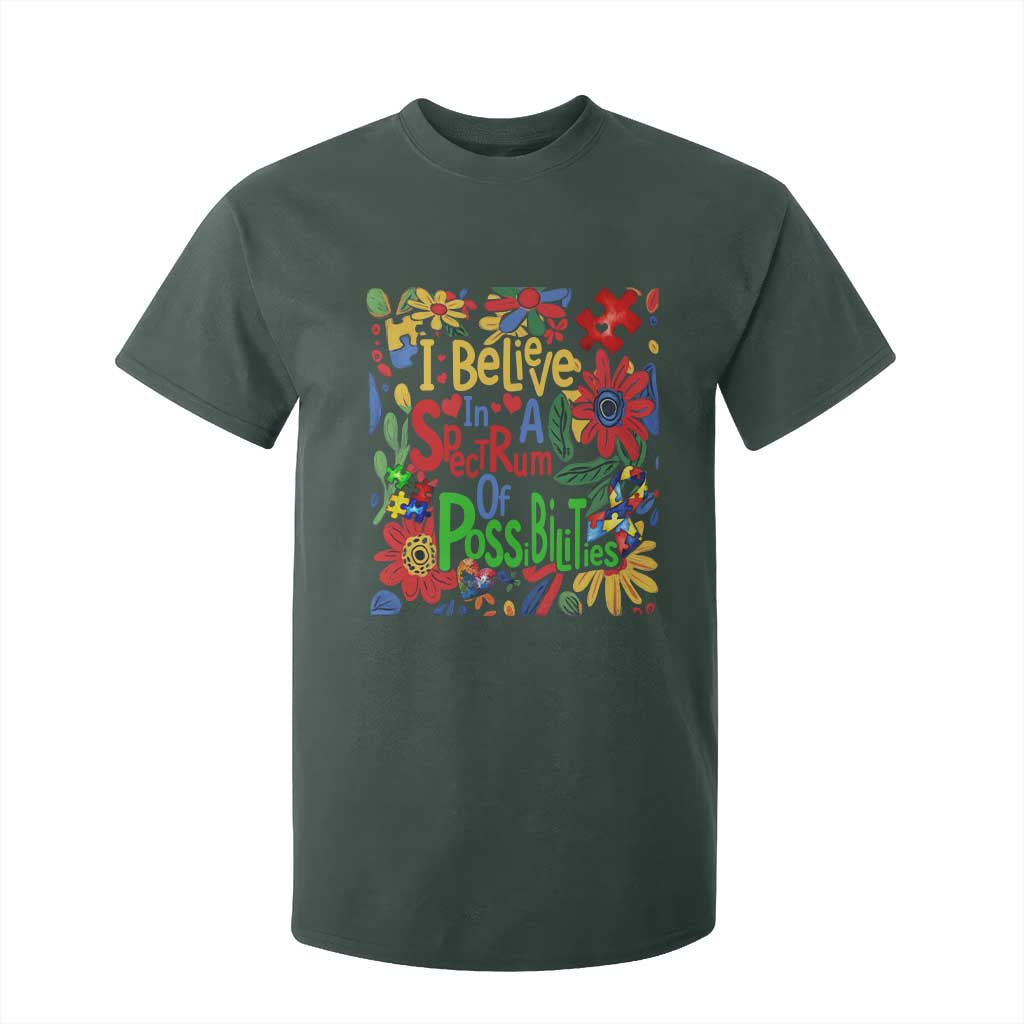 Autism Acceptance T Shirt For Kid I Believe In A Spectrum Of Possibilities Retro Boho TS02 Dark Forest Green Print Your Wear