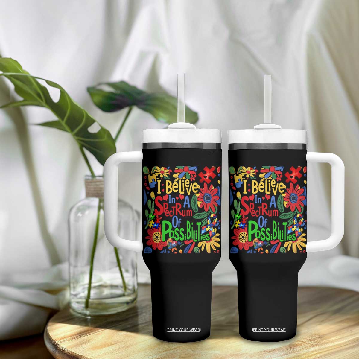 Autism Acceptance Tumbler With Handle I Believe In A Spectrum Of Possibilities Retro Boho TS02 Print Your Wear