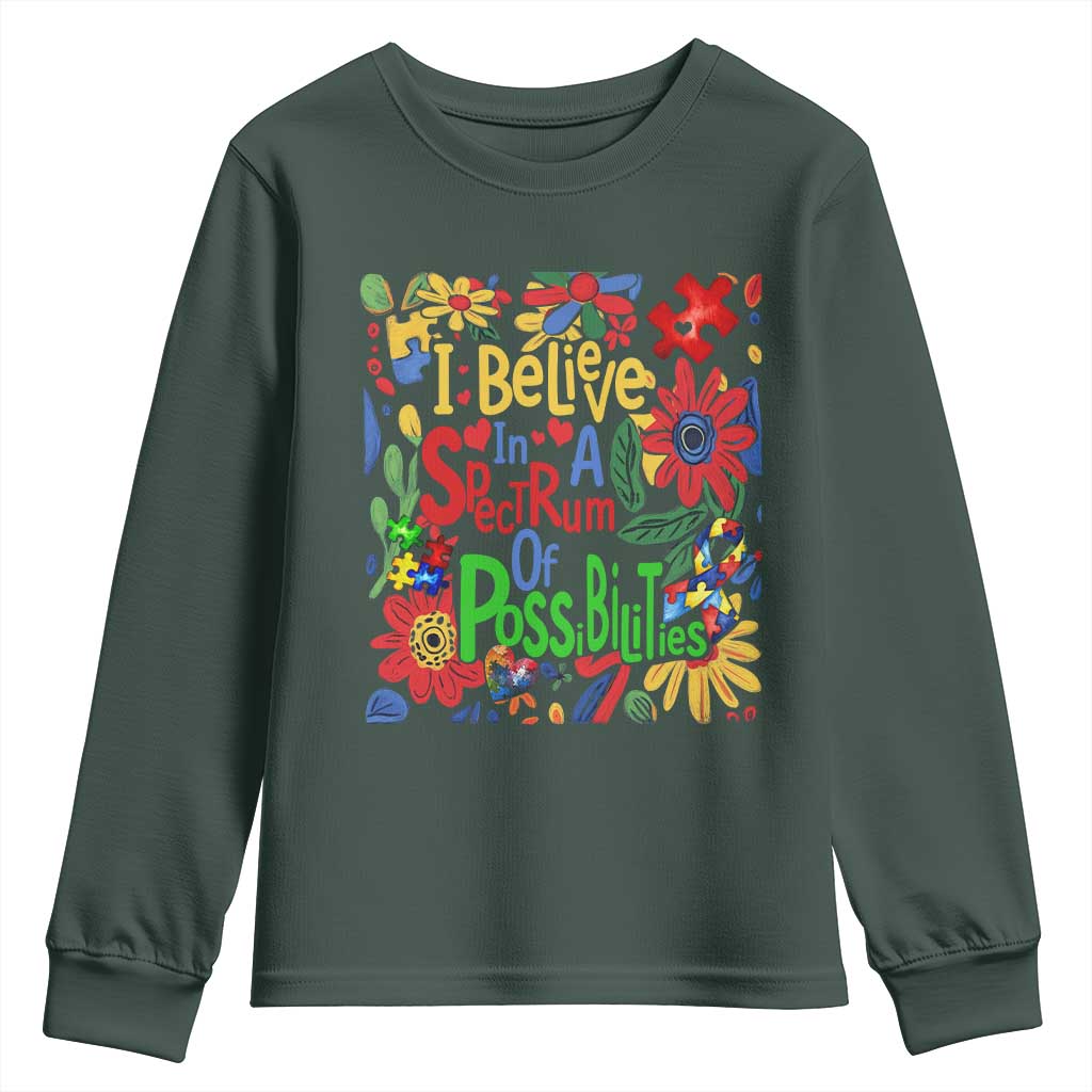 Autism Acceptance Youth Sweatshirt I Believe In A Spectrum Of Possibilities Retro Boho TS02 Dark Forest Green Print Your Wear