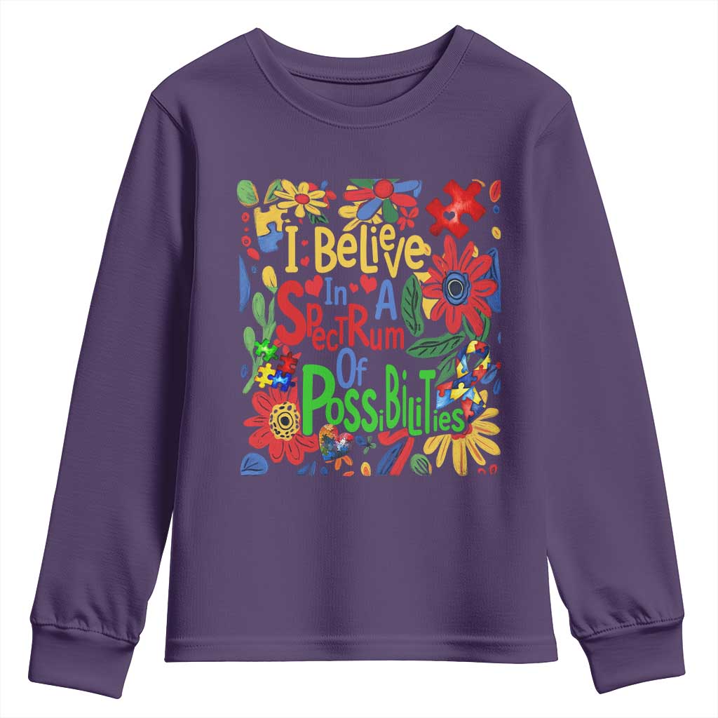 Autism Acceptance Youth Sweatshirt I Believe In A Spectrum Of Possibilities Retro Boho TS02 Purple Print Your Wear
