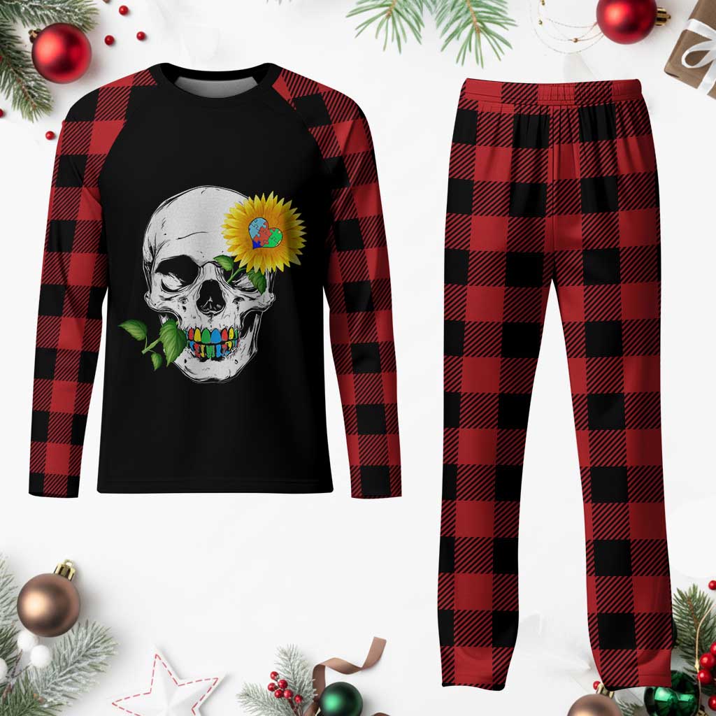 Autism Skull Sunflower Plaid Pajama Set Support Autistic Puzzle Pieces Heart TS02 Buffalo Plaid Print Your Wear
