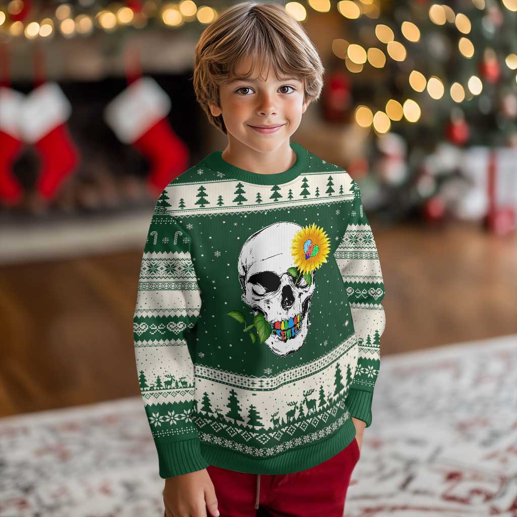 Autism Skull Sunflower Ugly Christmas Sweater Support Autistic Puzzle Pieces Heart TS02 Forest Green Beige Print Your Wear