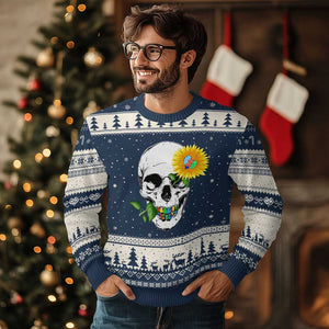Autism Skull Sunflower Ugly Christmas Sweater Support Autistic Puzzle Pieces Heart TS02 Navy Beige Print Your Wear