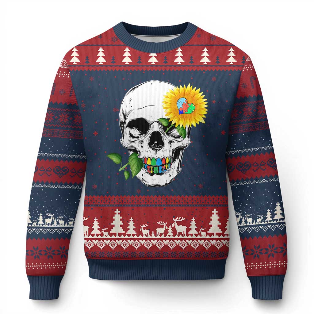 Autism Skull Sunflower Ugly Christmas Sweater Support Autistic Puzzle Pieces Heart TS02 Navy Red Print Your Wear