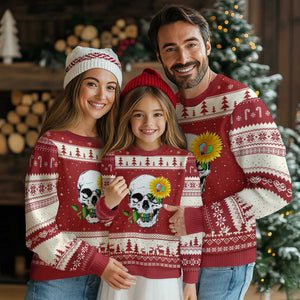 Autism Skull Sunflower Ugly Christmas Sweater Support Autistic Puzzle Pieces Heart TS02 Red Beige Print Your Wear