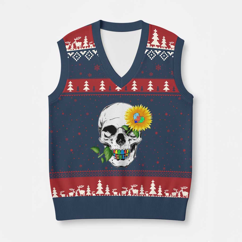 Autism Skull Sunflower V-Neck Knit Sweater Vest Support Autistic Puzzle Pieces Heart TS02 Navy Red Print Your Wear