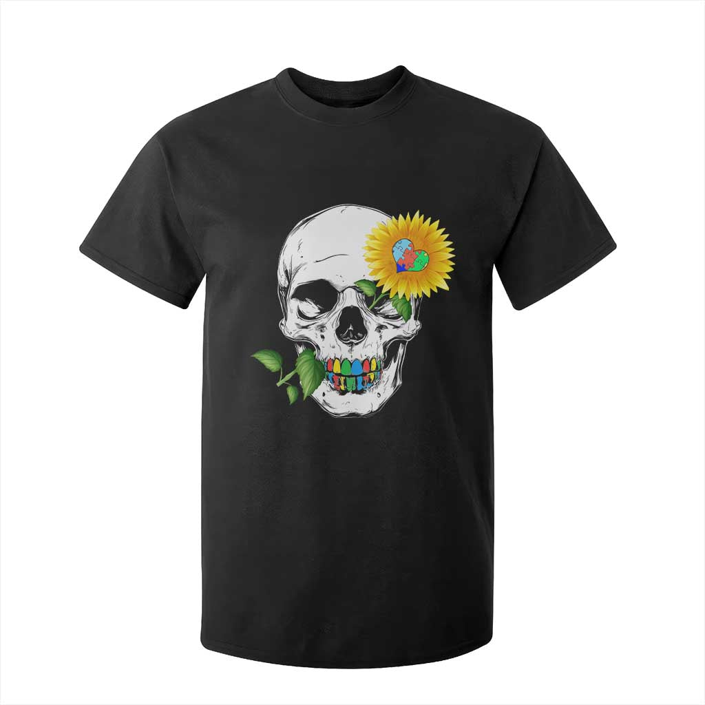 Autism Skull Sunflower T Shirt For Kid Support Autistic Puzzle Pieces Heart TS02 Black Print Your Wear