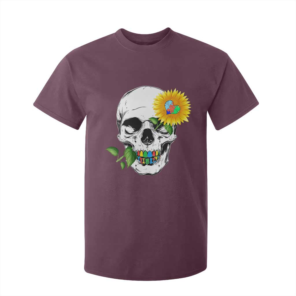 Autism Skull Sunflower T Shirt For Kid Support Autistic Puzzle Pieces Heart TS02 Maroon Print Your Wear