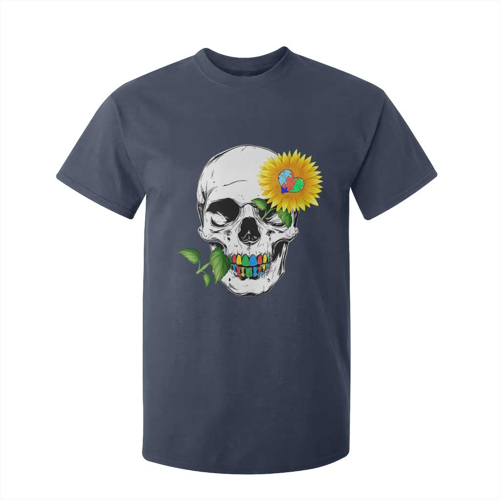Autism Skull Sunflower T Shirt For Kid Support Autistic Puzzle Pieces Heart TS02 Navy Print Your Wear