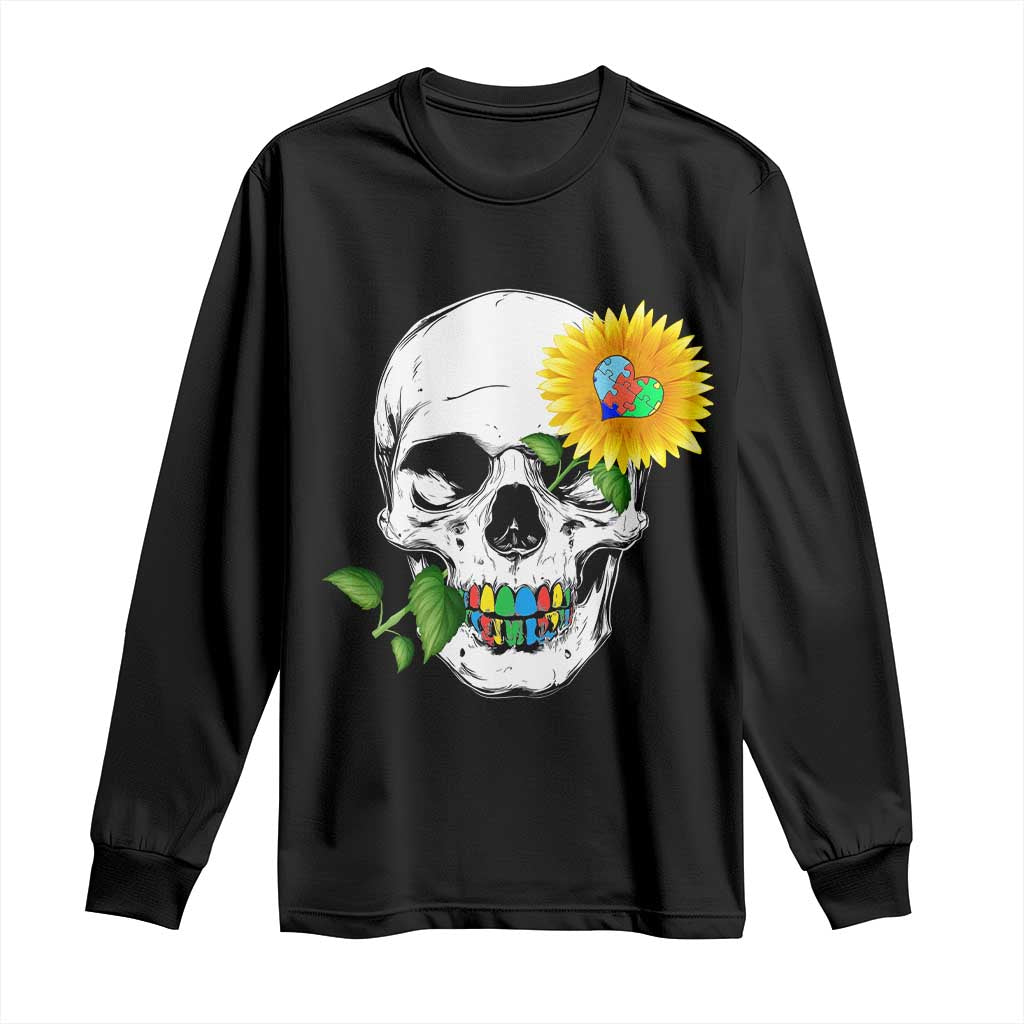 Autism Skull Sunflower Long Sleeve Shirt Support Autistic Puzzle Pieces Heart TS02 Black Print Your Wear