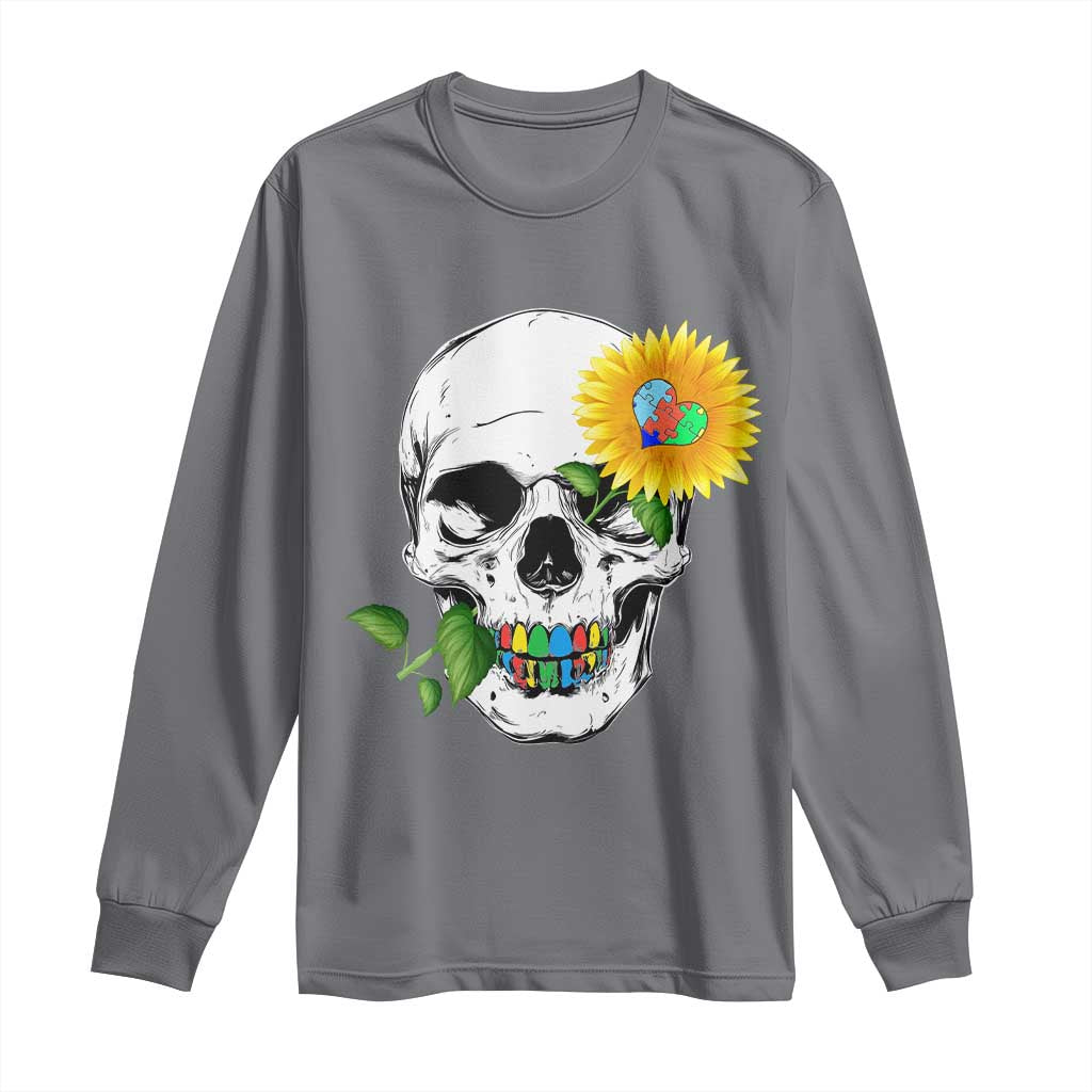 Autism Skull Sunflower Long Sleeve Shirt Support Autistic Puzzle Pieces Heart TS02 Charcoal Print Your Wear