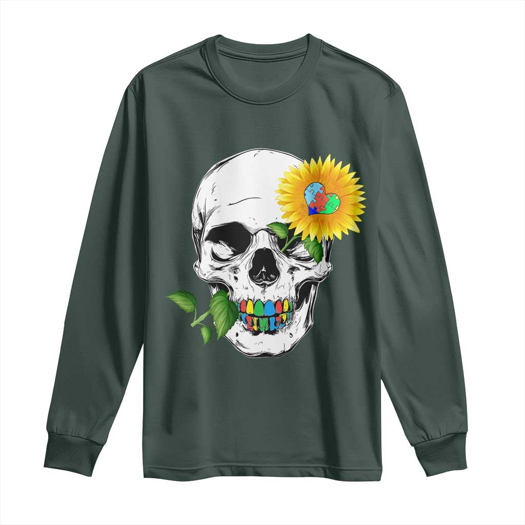 Autism Skull Sunflower Long Sleeve Shirt Support Autistic Puzzle Pieces Heart TS02 Dark Forest Green Print Your Wear