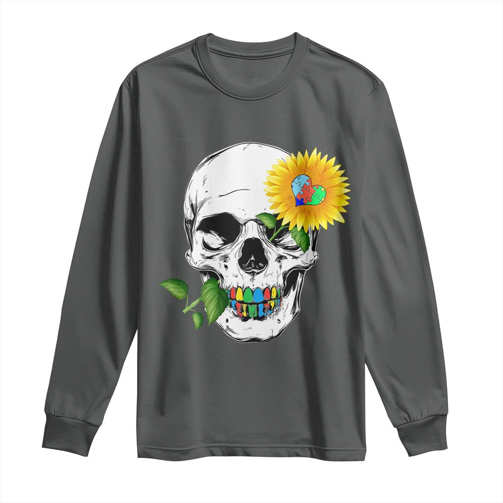 Autism Skull Sunflower Long Sleeve Shirt Support Autistic Puzzle Pieces Heart TS02 Dark Heather Print Your Wear