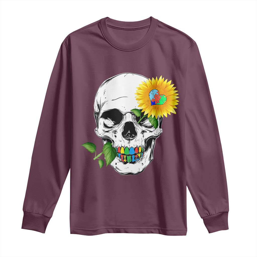 Autism Skull Sunflower Long Sleeve Shirt Support Autistic Puzzle Pieces Heart TS02 Maroon Print Your Wear