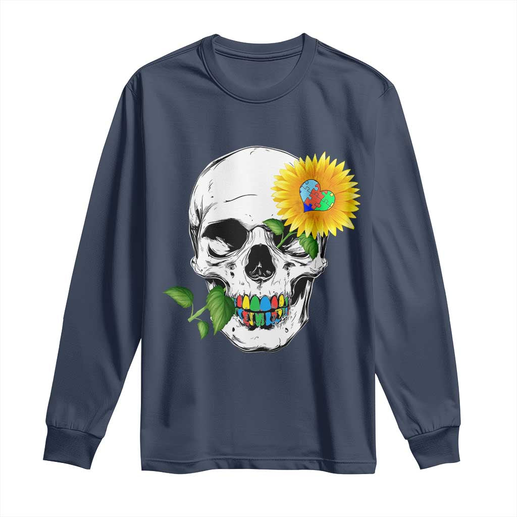 Autism Skull Sunflower Long Sleeve Shirt Support Autistic Puzzle Pieces Heart TS02 Navy Print Your Wear