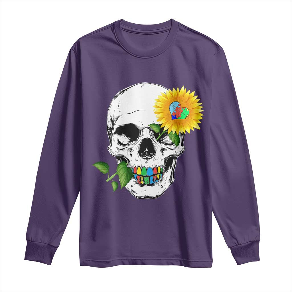 Autism Skull Sunflower Long Sleeve Shirt Support Autistic Puzzle Pieces Heart TS02 Purple Print Your Wear