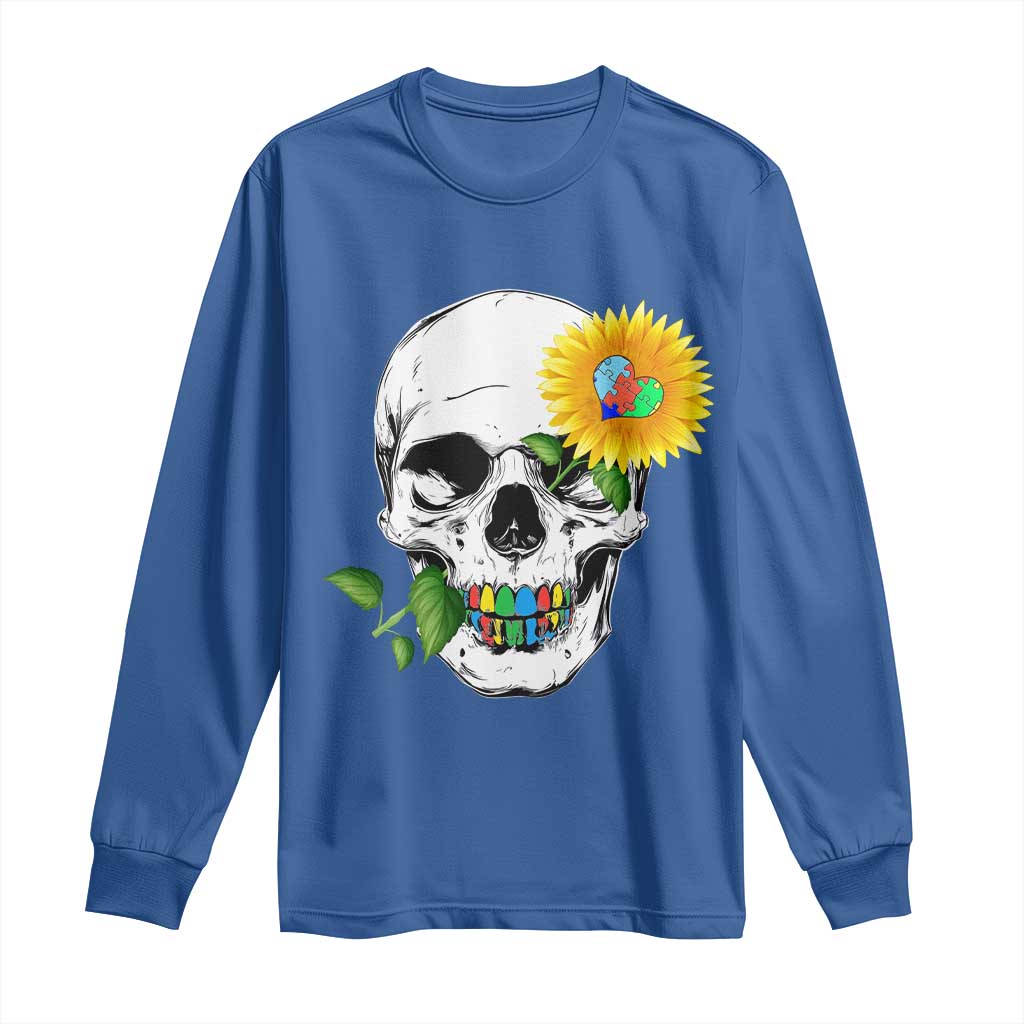 Autism Skull Sunflower Long Sleeve Shirt Support Autistic Puzzle Pieces Heart TS02 Royal Blue Print Your Wear