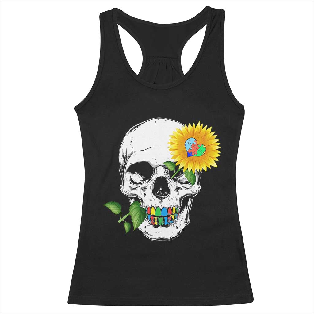 Autism Skull Sunflower Racerback Tank Top Support Autistic Puzzle Pieces Heart TS02 Black Print Your Wear
