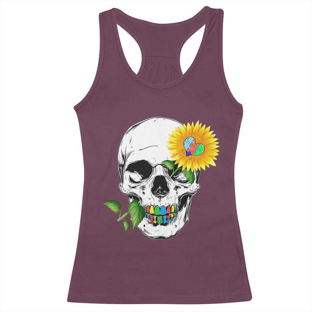 Autism Skull Sunflower Racerback Tank Top Support Autistic Puzzle Pieces Heart TS02 Maroon Print Your Wear