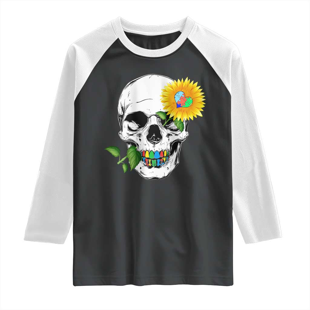 Autism Skull Sunflower Raglan Shirt Support Autistic Puzzle Pieces Heart TS02 Black White Print Your Wear