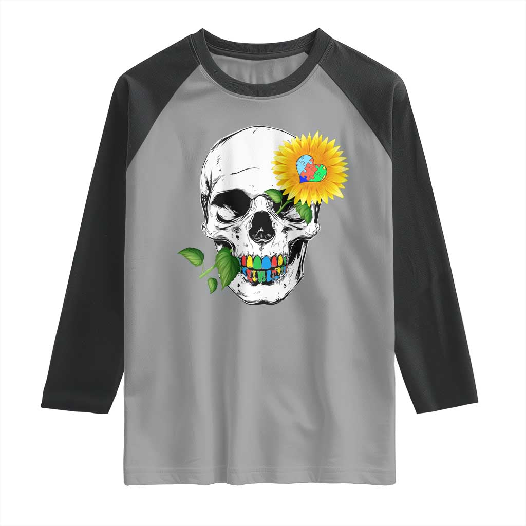 Autism Skull Sunflower Raglan Shirt Support Autistic Puzzle Pieces Heart TS02 Sport Gray Black Print Your Wear