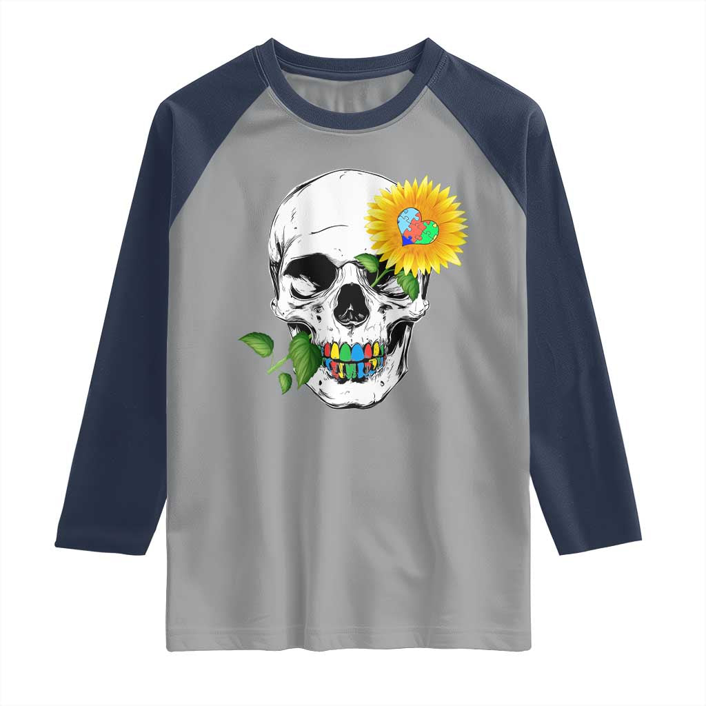Autism Skull Sunflower Raglan Shirt Support Autistic Puzzle Pieces Heart TS02 Sport Gray Navy Print Your Wear