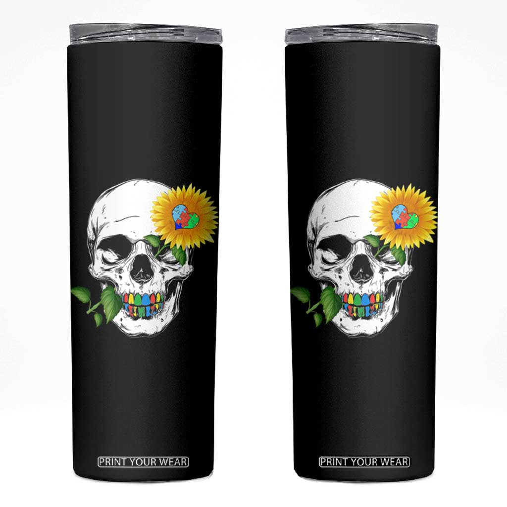 Autism Skull Sunflower Skinny Tumbler Support Autistic Puzzle Pieces Heart TS02 Black Print Your Wear