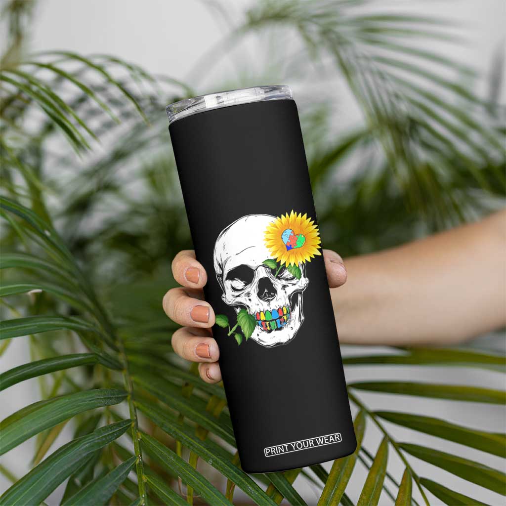 Autism Skull Sunflower Skinny Tumbler Support Autistic Puzzle Pieces Heart TS02 Print Your Wear