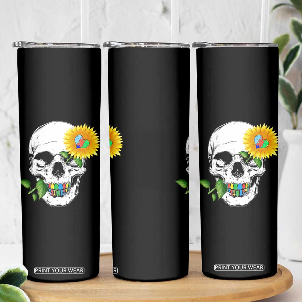 Autism Skull Sunflower Skinny Tumbler Support Autistic Puzzle Pieces Heart TS02 Print Your Wear