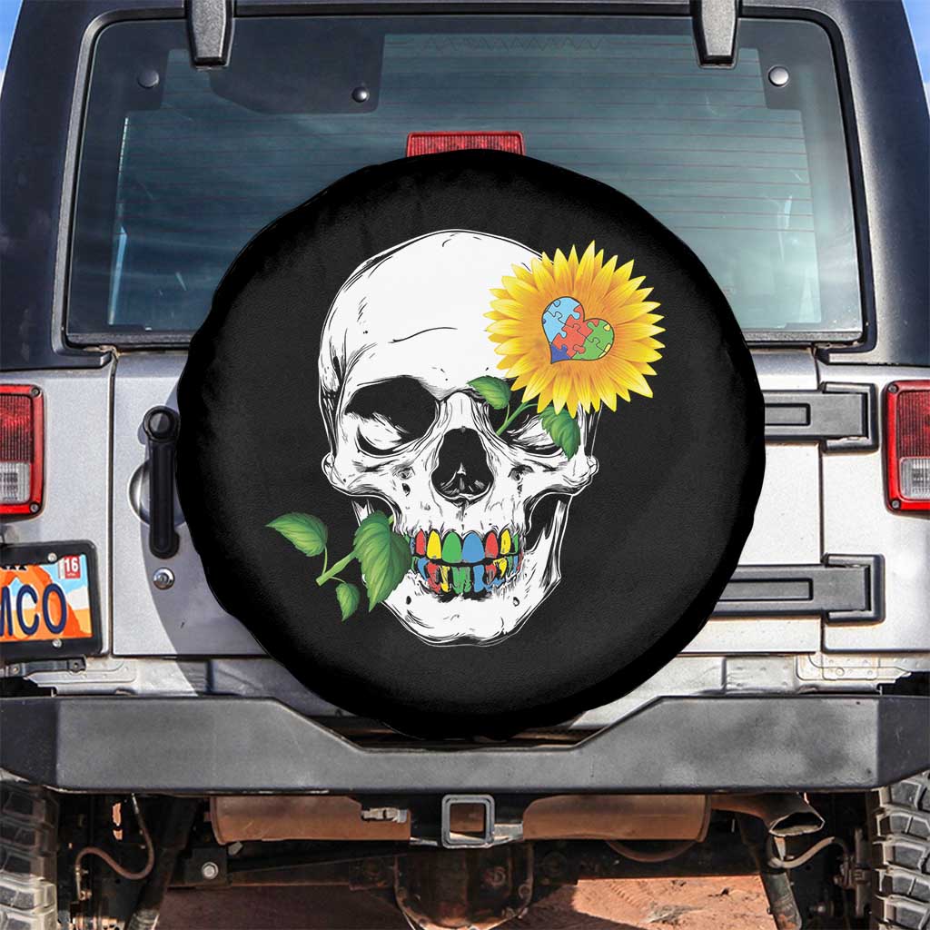 Autism Skull Sunflower Spare Tire Cover Support Autistic Puzzle Pieces Heart TS02 No hole Black Print Your Wear