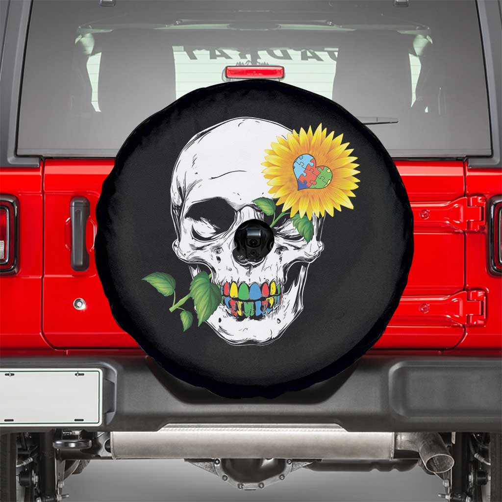 Autism Skull Sunflower Spare Tire Cover Support Autistic Puzzle Pieces Heart TS02 Black Print Your Wear