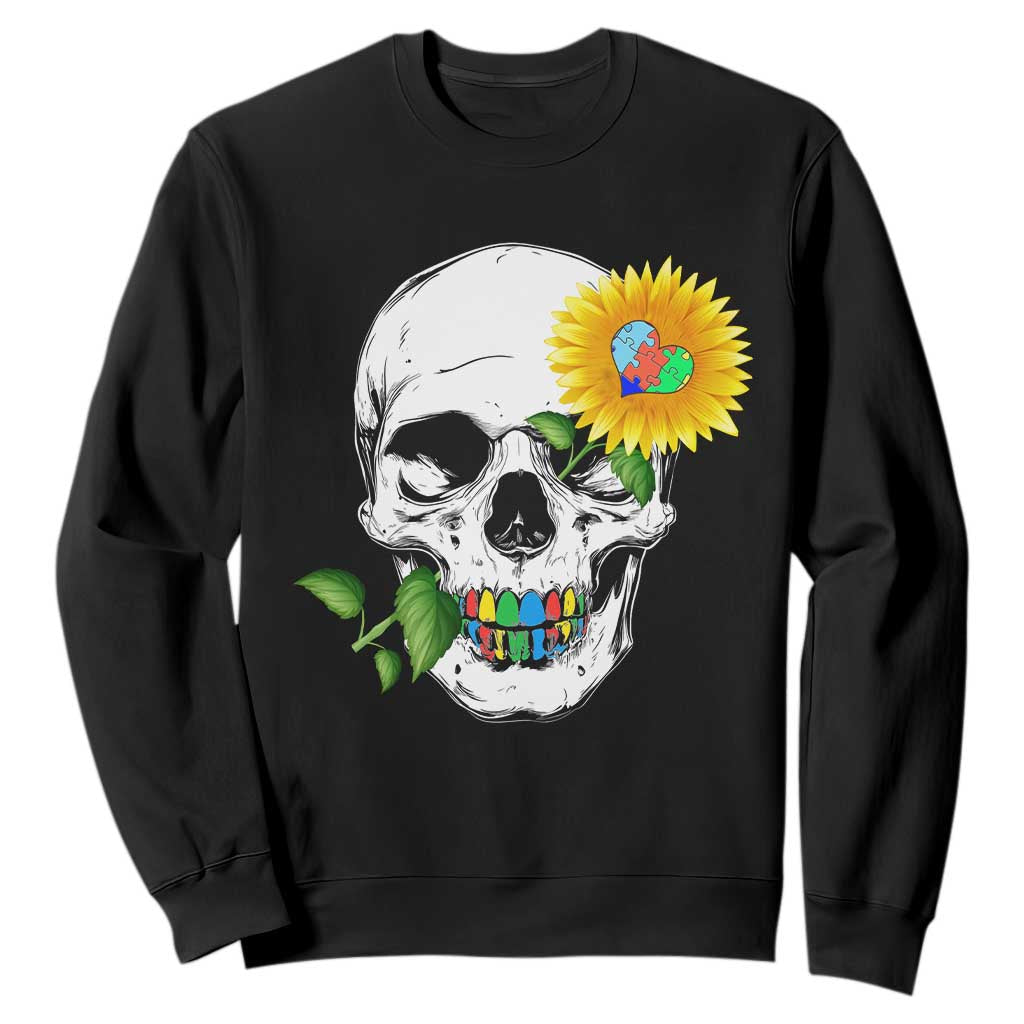 Autism Skull Sunflower Sweatshirt Support Autistic Puzzle Pieces Heart TS02 Black Print Your Wear