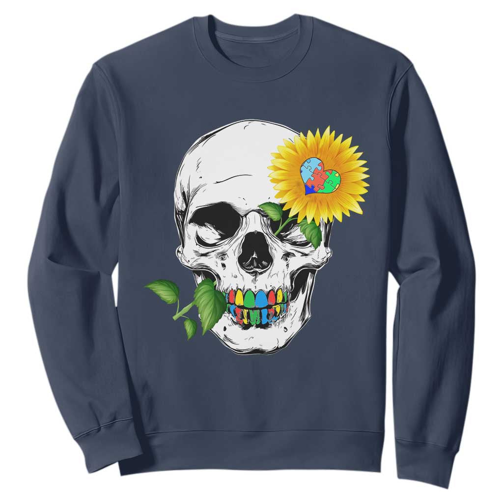 Autism Skull Sunflower Sweatshirt Support Autistic Puzzle Pieces Heart TS02 Navy Print Your Wear