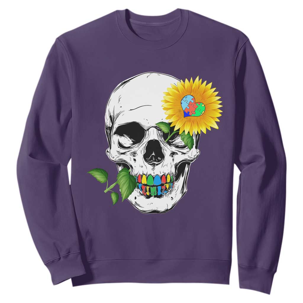 Autism Skull Sunflower Sweatshirt Support Autistic Puzzle Pieces Heart TS02 Purple Print Your Wear